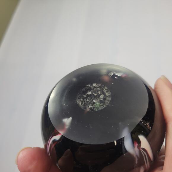 Retro Round Art Glass Paperweight, Purple & White Swirls, Iris-Like Design - Picture 3 of 4